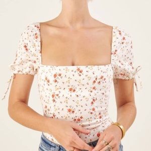 Reformation River Linen Smocked Floral Corset Top